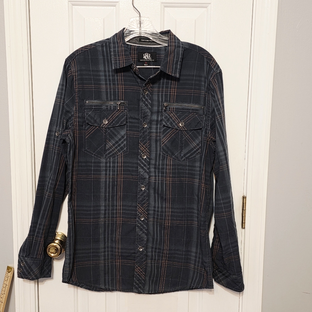 Rock & Republic Plaid Button Down Shirt - Dark Grey/Navy - Size S